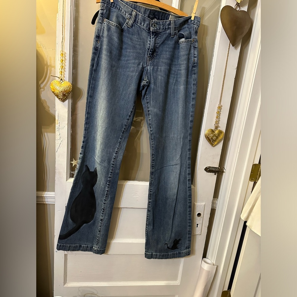 Hand Painted original cat & mouse art on Denim jeans